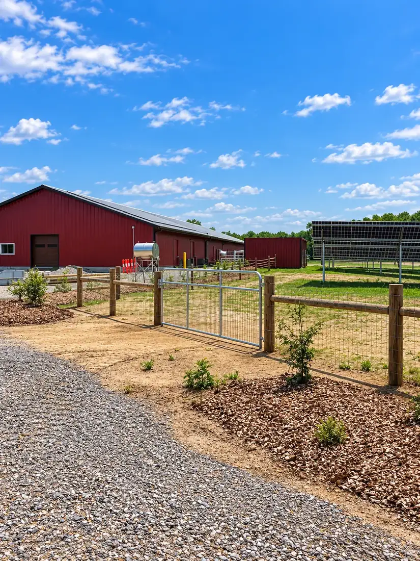 Wire fence beside a red barn and solar panels