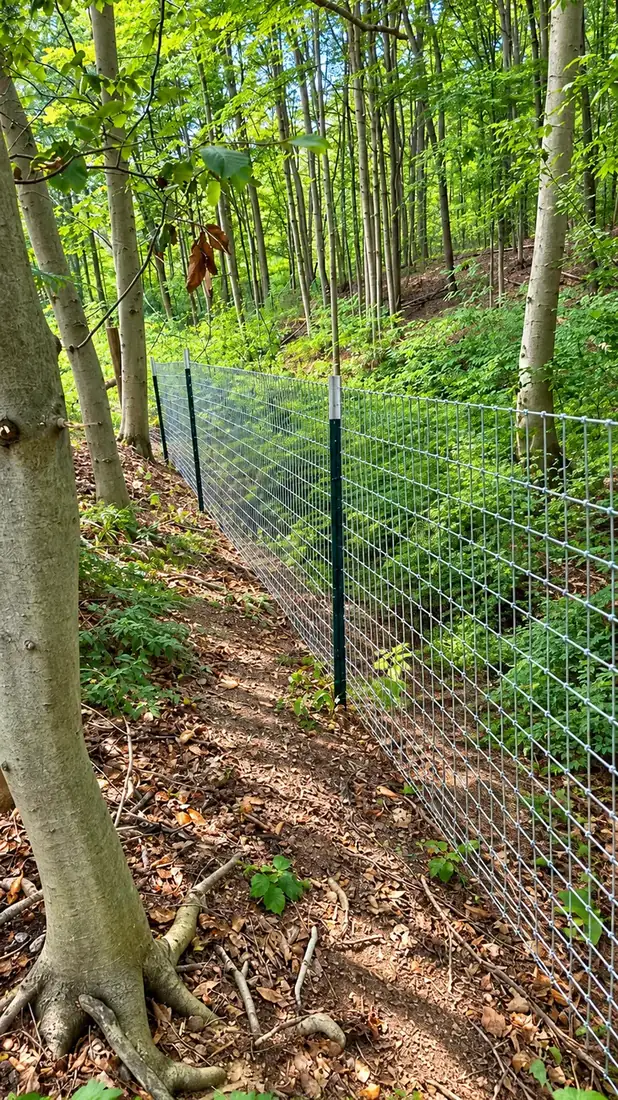 Woven wire fence running through sunlit woods
