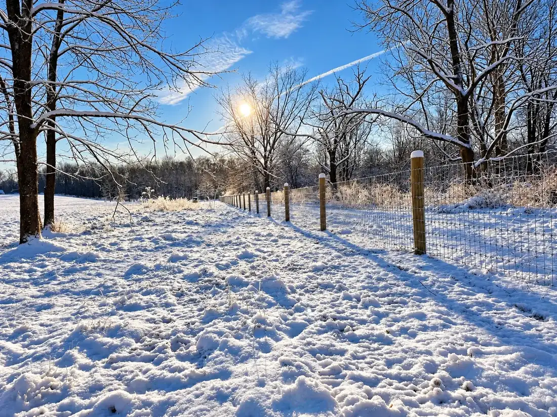 Woven wire fence line in morning snow